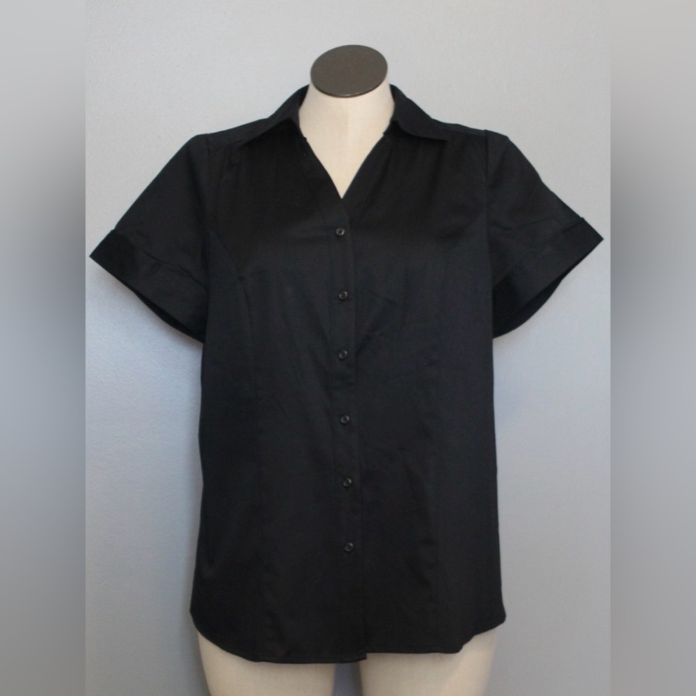 Lane Bryant Shirt Top Blouse Button Down Stretch Short Sleeve Collar Black Sz 18